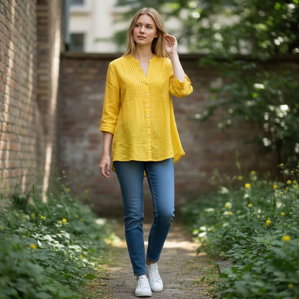 Kim Rogers Linen Blouse Womens Large Yellow Pintuck Button Down Tunic Top